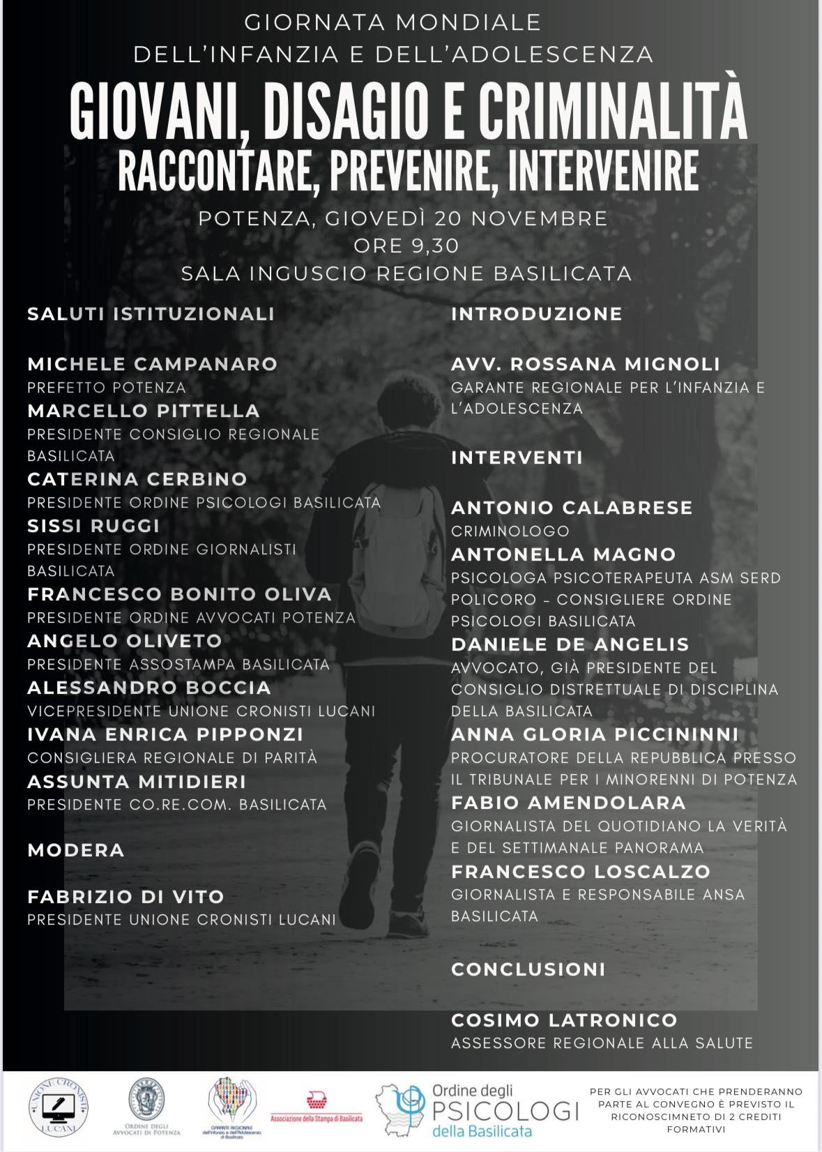 CONVEGNO SUL DISAGIO E LA CRIMINALITÀ GIOVANILE IL 20 NOVEMBRE A POTENZA
